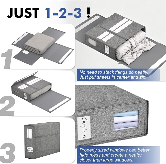 Furnhome Bed Sheet Organizers and Storage 4 Pack for Linen Closet, Foldable Sheet Set Holder with Window & Labels, Stackable Bedding Storage Boxes for Sheets, Duvet Covers, Blankets