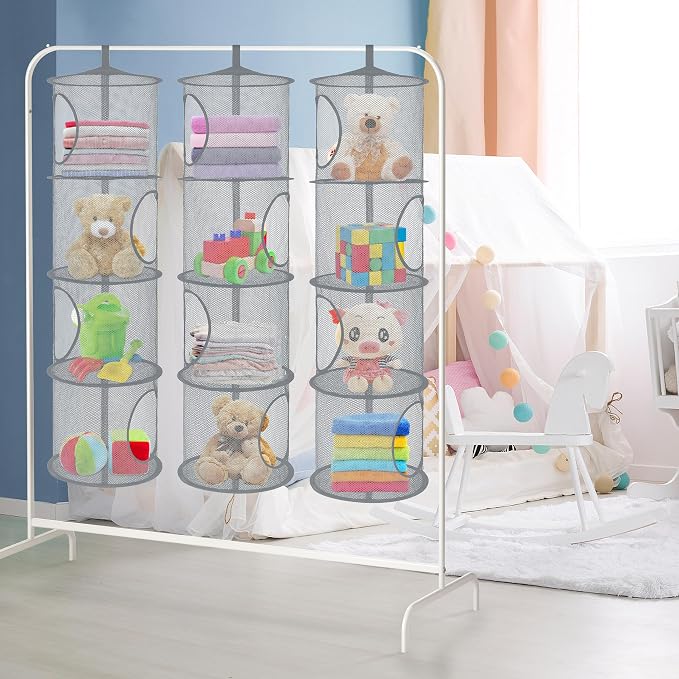 3Pcs Hanging Stuffed Animal Storage Hammock Net 4 Tiers, Grey | Hanging Mesh Storage Organizer for Kids Room, Holds Plushies, Gloves, Hats, Socks, Foldable Space-saving Design