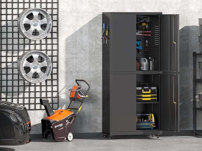 71" H Metal Tool Storage Cabinet with Lock and Wheels, Heavy Duty Garage Cabinet with 4 Doors and 2 Adjustable Shelves, Tool Organizer with Pegboard for Garage, Warehouse(Black, 71" H)