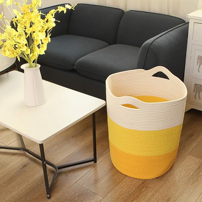 Sea Team Large Woven Cotton Rope Laundry Basket with Handles, 20 x 14 in | Collapsible Knitted Hamper, Closet Shelf Organizers, Containers for Clothing, Blankets, Toys, Bedding, Yellow