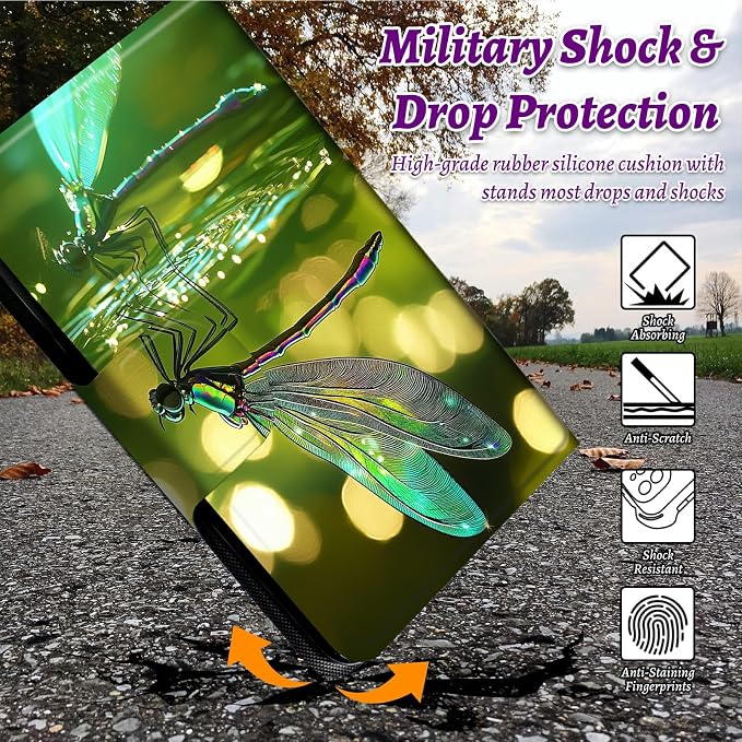Rotating Handle Case for Samsung Tab S10 Ultra 2024/Galaxy S9 Ultra 2023 14.6", 360 Degree Swivel Kickstand with Magnetic Closure Shockproof Leather Protective Cover, Green Dragonfly