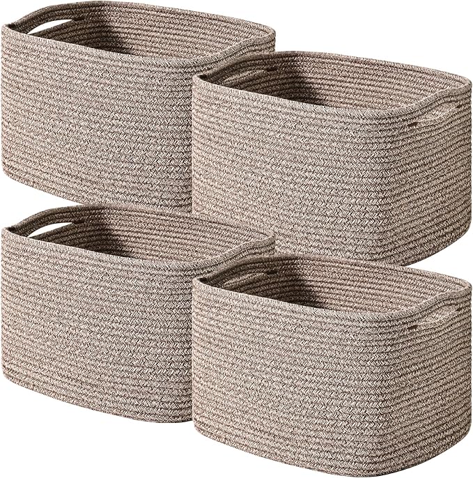 ICERZCZ Storage Baskets for Organizing 12.5x9.1x7.9 Mixed Dark Brown | Storage Bins for Shelves, Woven Cotton Rope Basket for Books Toys Clothes Bedroom Living Room Nursery Bathroom, 4 Packs