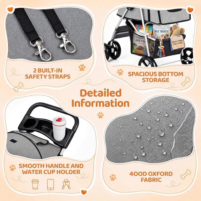 ZENY Foldable Pet Stroller, Cat/Dog Stroller with 4 Wheels | Pet Travel Carrier Strolling Cart with Storage Basket, Cup Holder (Grey)