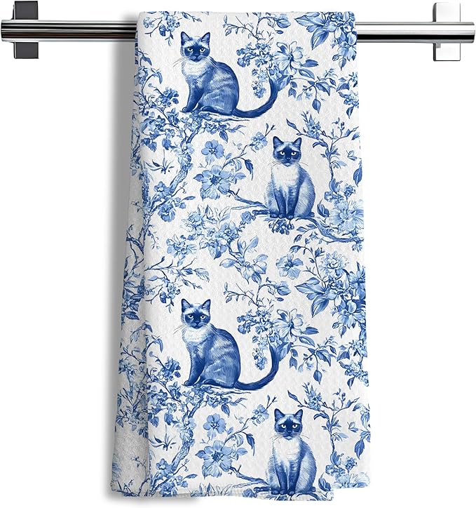 Chinoiserie Floral Siamese Kitchen Towels,Blue and White Cat Decor Kitchen Dish Tea Towels Bathroom Gifts for cat Lovers Women Men,Siamese cat Gifts,16x24 Inch