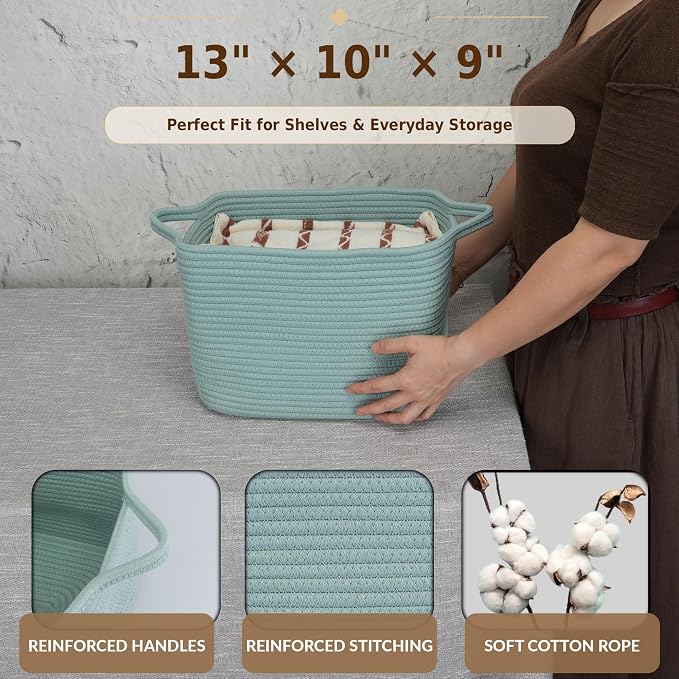 XUANGUO Woven Cotton Rope Storage Basket with Handles 13x10x9 inch Green | Woven cotton rope basket for shelves and closets. Perfect for toys, books, clothes, nursery storage and gift baskets