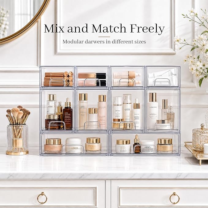 Clear Stackable Storage Drawers, Baby Bottle Organizers, Easily-Access Makeup Organizer, Durable Containers for Bathroom Countertop, Pantry and Medicine Cabinet Organizer