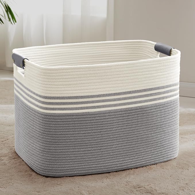 100L Large Woven Laundry Basket Hamper with Leather Handles,Grey | collapsible wicker hamper, storage for dirty clothes, toys, blankets, gifts, living room, bedroom, bathroom, 24"x16"x16"