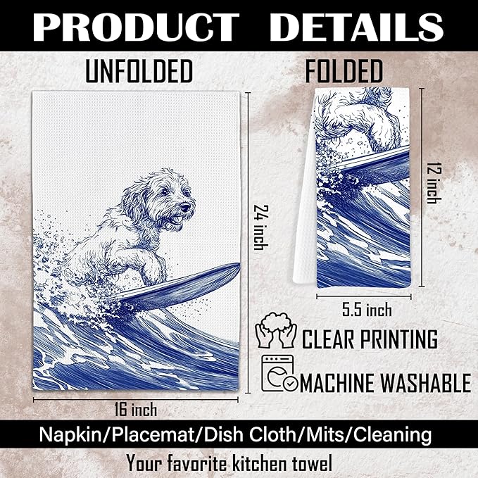 Funny Surfing Dog Kitchen Towels, Goldendoodle Gifts, Beach Hand Towels for Bathroom, Coastal Nautical Dish Tea Towels for Kitchen Decor, Dog Lover Gifts, Coastal Beach Bathroom Decor,16x24 Inch