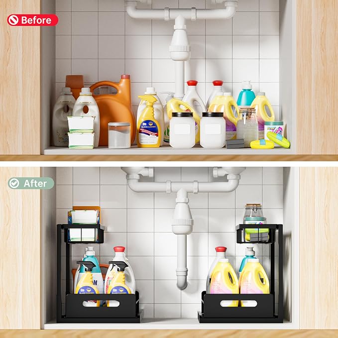 Under Kitchen Sink Organizer 2 Tier, Pull Out Bathroom Sink Organizers and Storage, Cabinet Kitchen Bathroom Storage Organization Shelf, 1 Pack Black