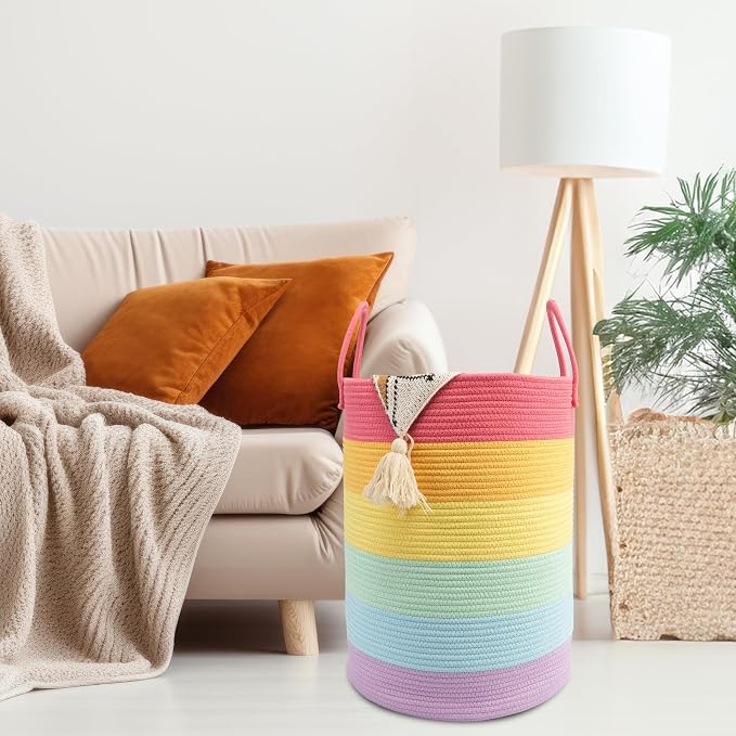 Woven Cotton Rope Laundry Basket, 15" x 20" Laundry Hamper, Rainbow | Rope storage basket for dirty clothes, toys and blankets. Perfect for bathroom, baby nursery and living room storage.
