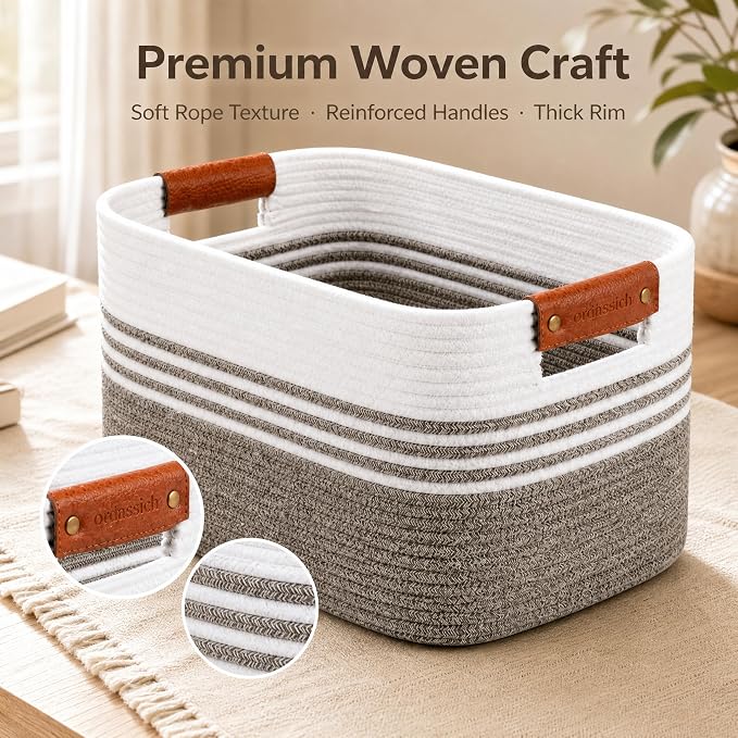 Cotton Rope Laundry Basket Small, 12.8GAL Collapsible Woven Storage Baskets for Living Room Kids Toys Stuffed Animal,Boho Rectangular Decorative Short Hamper for Dirty Clothes, Blankets Dark Brown