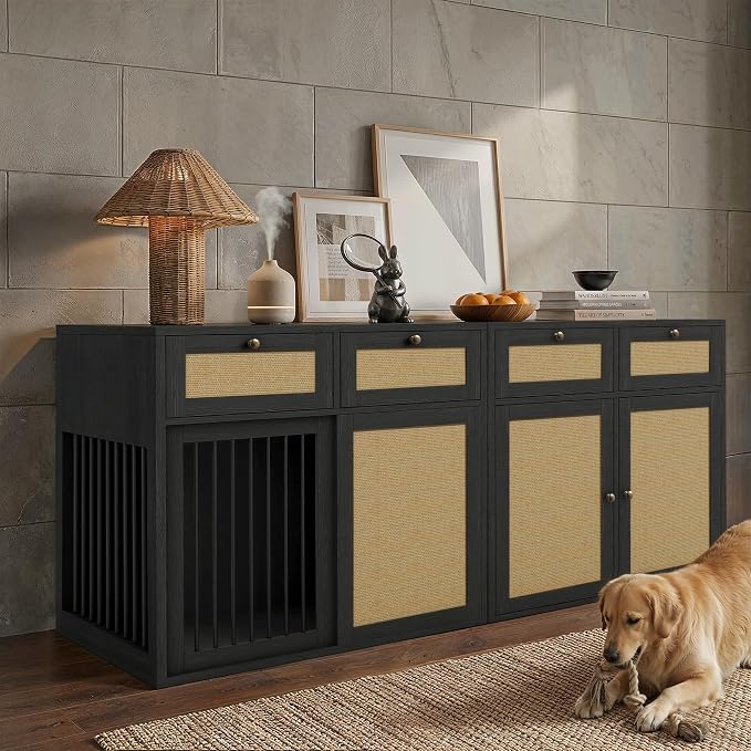 PureCozy 2-Piece Dog Crate Furniture, Left, 80 Inch, Black Oak | Left-unit kennel with metal sliding door plus cane storage cabinet and 4 total drawers; furniture-style indoor console.