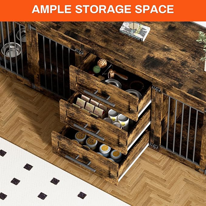 Rophefx 94.5" Dog Crate Furniture for 2 Dogs, Wooden Kennel TV Stand,Brown | Indoor double dog house with 3 storage drawers, 4 feeding bowls, lockable doors, and a wide top for large and medium dogs