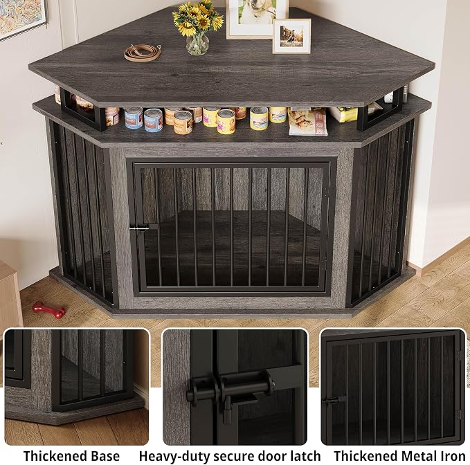 IRONCK 51" Large Corner Dog Crate Furniture with 2-Tier Storage Shelves | 10mm thickened iron frame. 2-tier shelves and 200 lb top. Space-saving corner design. 26.7" L x 51.2" W x 33.5" H. Gray