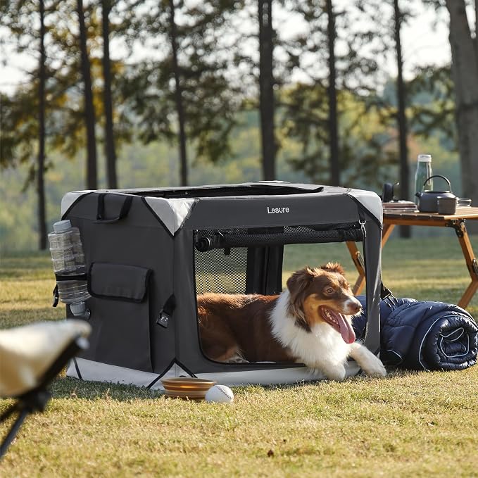 Lesure Portable Collapsible Dog Crate for Medium Dogs, 30in Charcoal Grey | Soft Travel Camping Pet Kennel, 4-door, Indoor and Outdoor Use, Easy Set Up and Fold, For Large Breeds Up to 50lbs