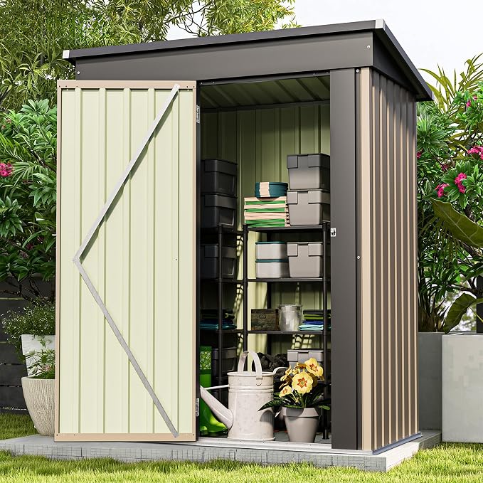Patiowell 5x3 FT Outdoor Storage Shed, Brown | Tool Shed, Sloping Roof, Lockable Door, Metal Shed for Backyard Garden Patio Lawn
