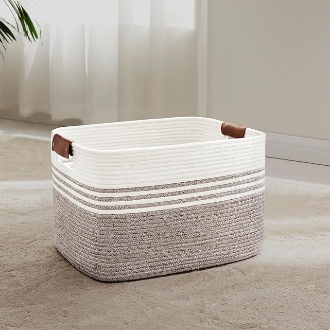 45L Woven Laundry Basket Hamper with Leather Handles,Dark Brown | collapsible wicker hamper, storage for dirty clothes, toys, blankets, gifts, living room, bedroom, bathroom, 18"x14"x11"