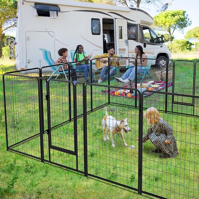 Kfvigoho Dog Playpen Outdoor Extra Wide 16 Panels Heavy Duty Dog Fence 50" | Anti-Rust Coating-Strengthened Dog Fence with Doors Portable for RV Camping Yard, Total 42FT, 140 Sq.ft, Snowy Black