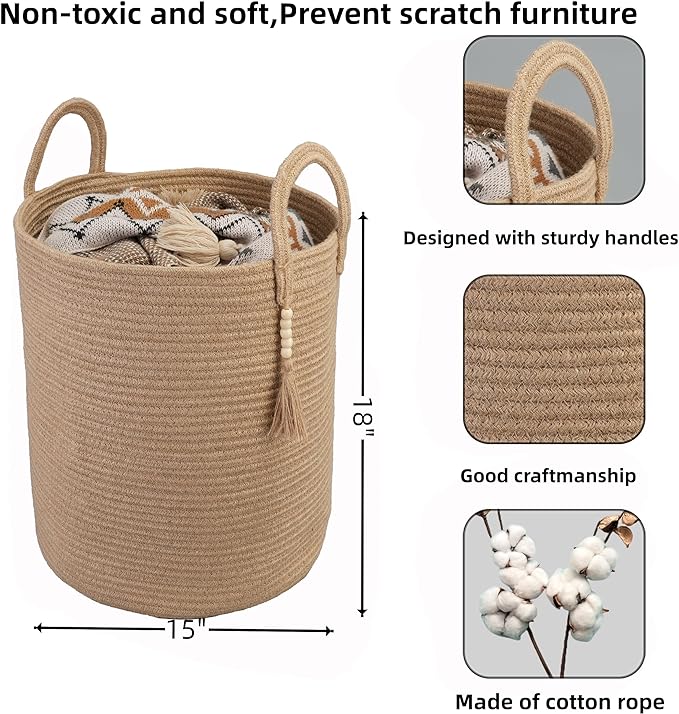 XUANGUO Rope Laundry Basket Laundry Hamper for Clothes Jute | Baby Nursery Hamper Bin and Woven Storage Basket for Living Room Bedroom Boho Tall Rope Baskets Blankets Toys Pillows Towels