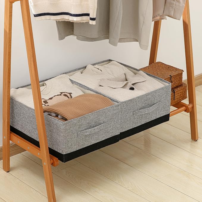 Linen Folding Storage Bins, 3 Pack Large Storage Baskets, Washable, Clothing Storage Bins with Handle, Closet Organizer for Storage Sweater,Sheets (gray black, 18½"x13½x8½)
