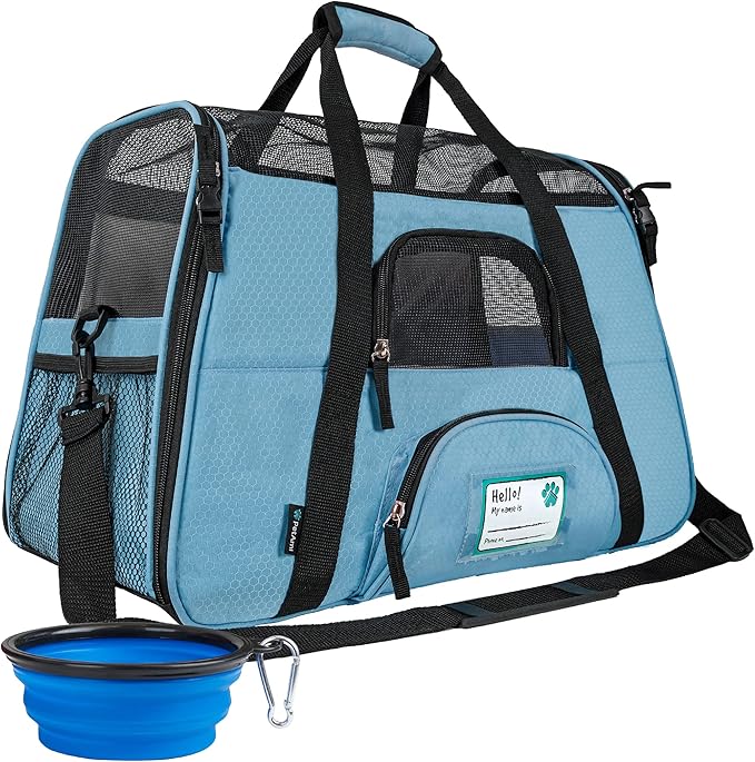 PetAmi Airline Approved Pet Carrier for Cats & Small Dogs, Small Light Blue | Soft Sided TSA Travel Bag, Sherpa Bed, Breathable Mesh Ventilation, Collapsible Bowl, Fits Under Seat, Up to 18 lbs