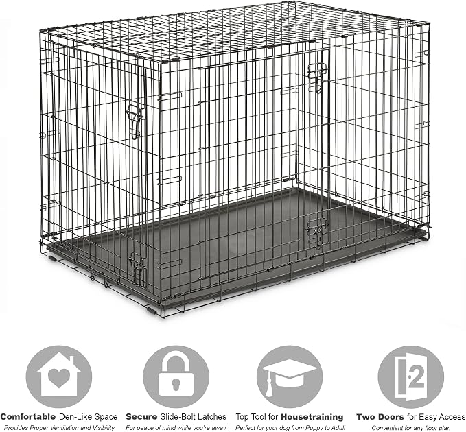 New World by Midwest 48-Inch Double Door Crate, XL Breeds, 90-110 lbs | Folding Dog Crate, Leak-Proof Tray & Secure Latches, Portable, Durable & Easy to Assemble