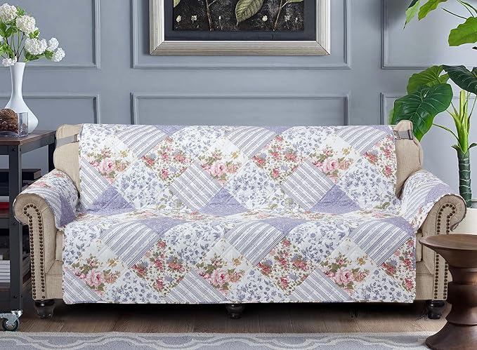 Brilliant Sunshine Rose Violet Floral Patchwork Couch Cover, 70" seat | Quilted Sofa Cover, Living Room & Bedroom Furniture Protector, Large Washable Slipcover for Pets, Dogs & Cats
