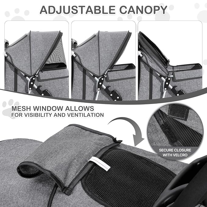 MoNiBloom Pet Stroller for Small/Medium Dogs and Cats up to 33 lbs, Gray | Foldable Dog Stroller 3 Wheels Pet Strolling Cart w/ Storage Basket Cup Holder, Breathable and Visible Mesh for All-Season