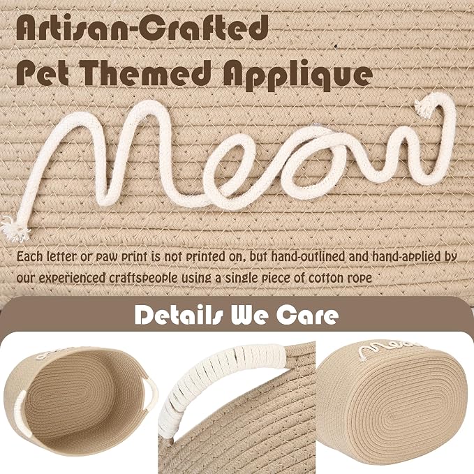 Sea Team Cat Toy Storage Basket with Handles, Beige Meow | Large Cotton Rope Storage Bin, Shelf Basket, Organizer for Pet Chew Toys, Foods, 16.5 x 11 x 7 Inches, 4.4 Gallons
