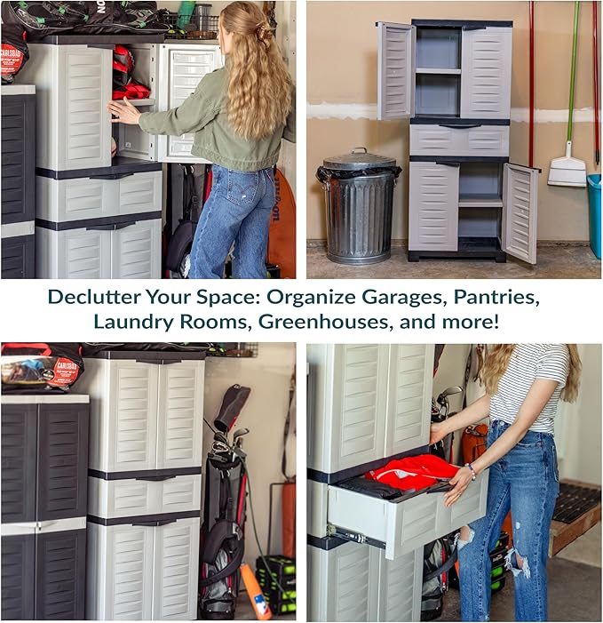 Sunnydaze 57" Garage Storage Cabinet with Doors & Shelves, Gray | Heavy Duty Resin Storage Cabinet Resists Rust & Peeling, Utility Cabinet with Drawer & Anti-Tip Kit for Laundry, Office