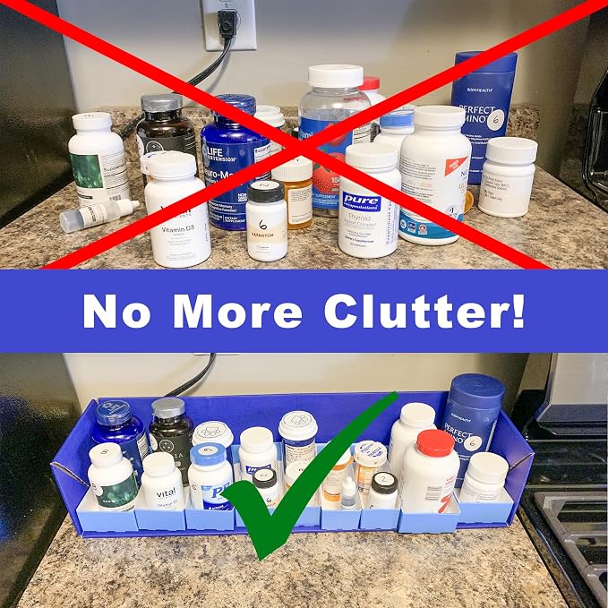 One Place Organizing System for Pill Bottles, Medication Bottles, Supplements and Vitamins - Fits Counter Tops, Pantry, Cabinets. 9 Storage Compartments - Easy Access - Made in USA
