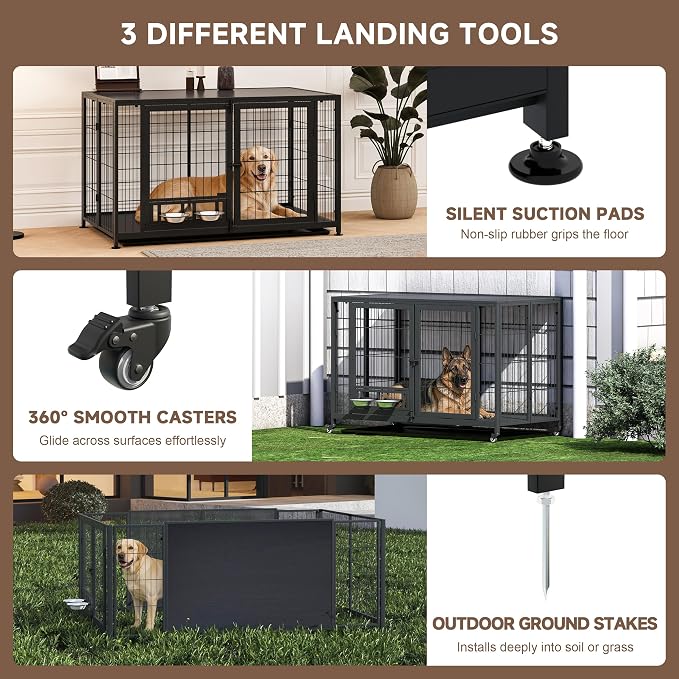 43.3" Heavy Duty Large Dog Crate with Wheels & Feeding Bowls, 3 in 1 Foldable Extra Large Dog Kennel & Playpen, Indestructible Escape-Proof Metal for Large Dogs, Indoor Outdoor, Black