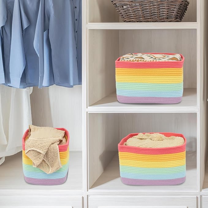 XUANGUO Woven Cotton Rope Storage Baskets 15x10x9.3" 3 Pack Rainbow | Colorful storage baskets for shelves and playrooms; toy storage bins organize kids' toys, books, clothes and nursery items.