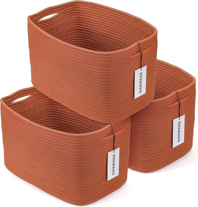 XUANGUO Woven Cotton Rope Storage Baskets 15x10x9.3" 3 Pack Rust | Decorative rectangular baskets for shelves and closets; storage bins help organize clothes, toys, books and nursery items.