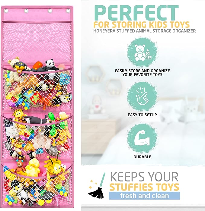 Honeyera Storage for Stuffed Animals - Over Door Organizer for Stuffies, Baby Accessories, and Toy Plush/Easy Installation with Breathable Hanging Storage Pockets Big Girls Chair Toddler Large Bag