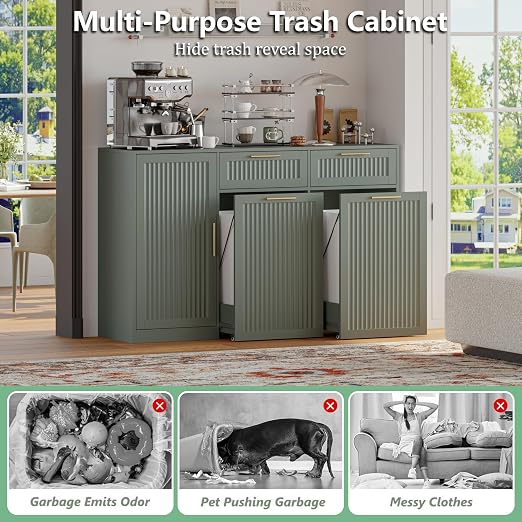 Double 13 Gallon Pull Out Trash Can Cabinet with Storage Cabinet,Green | Pet Proof Hidden Garbage Can Cabinet,3-Tier Shelves,Fluted Design,Extra Drawer Space,Kitchen & Dining Room Organization