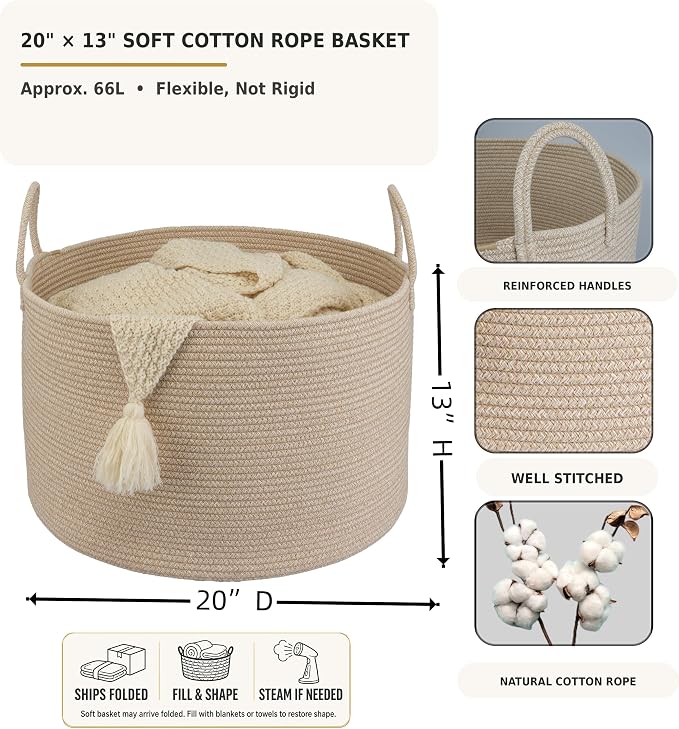XUANGUO 66L Large Blanket Basket, Round Cotton Rope Basket, Oatmeal | 20" x 13" Laundry Basket with Sturdy Handles for Blankets, Pillows and Toys; Storage for Living Room, Bedroom and Nursery