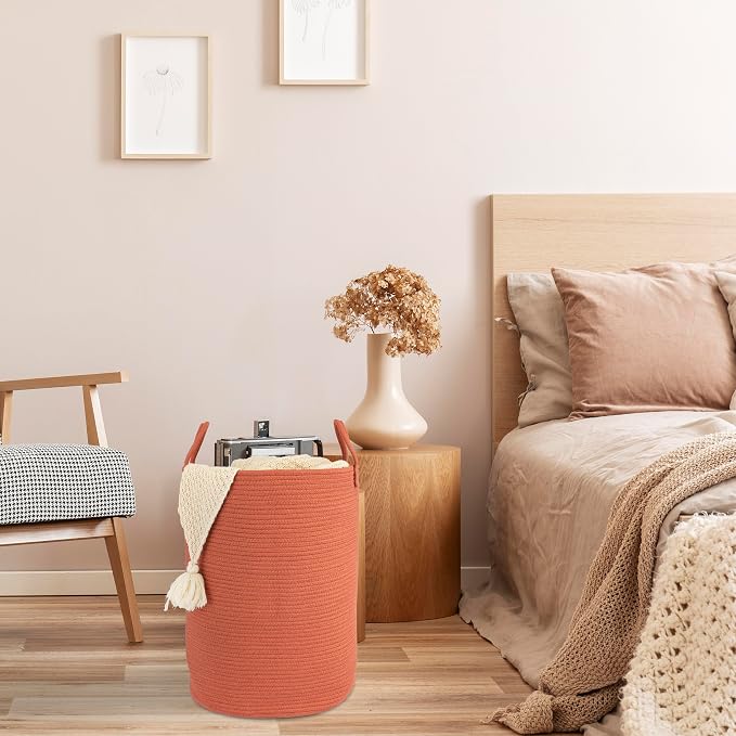 XUANGUO Cotton Rope Laundry Basket Hamper for Clothes Large Rust Red | Baby Nursery Hamper Bin and Woven Storage Basket for Living Room Bedroom Boho Tall Rope Baskets Blankets Toys Pillows Towels