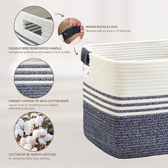 86L Woven Laundry Basket Hamper with Leather Handles,Denim Blue | collapsible wicker hamper, storage for dirty clothes, toys, blankets, gifts, living room, bedroom, bathroom, 24"x16"x14"