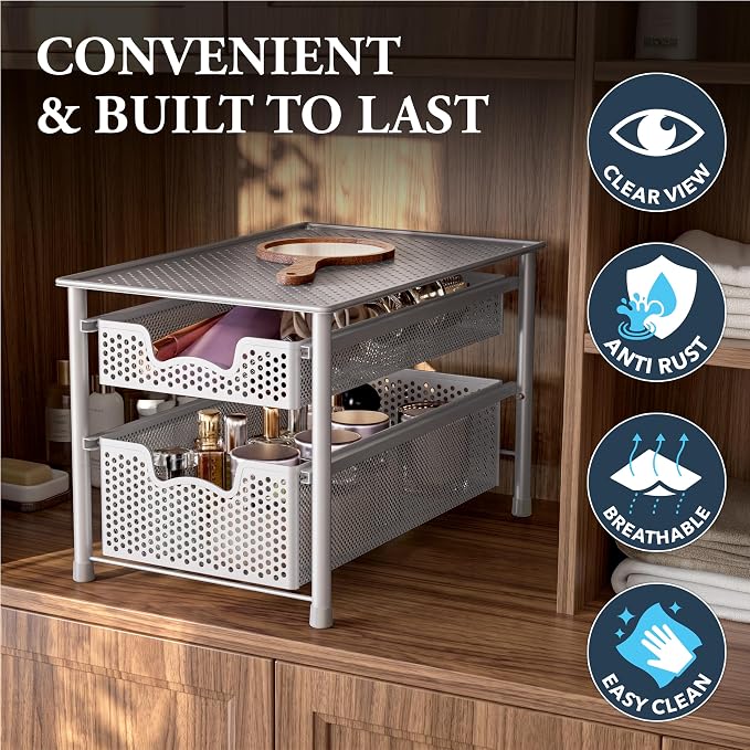 Simple Houseware Stackable 2 Tier Sliding Basket Organizer Drawer, White