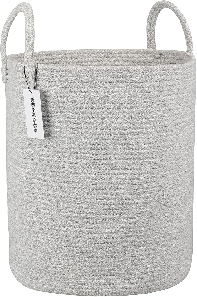 XUANGUO Cotton Rope Laundry Basket Hamper for Clothes Large Light Grey | Baby Nursery Hamper Bin and Woven Storage Basket for Living Room Bedroom Boho Tall Rope Baskets Blankets Toys Pillows Towels