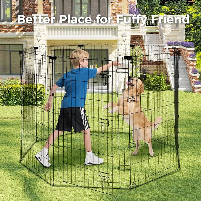 48" H Dog Playpen, 8 Panels Foldable Metal Pet Exercise Pen with Door | Pet Dog Fence for Medium-Large Dogs, Indoor/Outdoor Use Metal Playpen, Portable Fence for Yard Garden Camping, Black