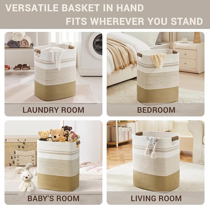 85L Tall Woven Laundry Basket Hamper with Leather Handles,Khaki | collapsible wicker hamper, storage for dirty clothes, toys, blankets, gifts, living room, bedroom, bathroom, 17"x14"x22"
