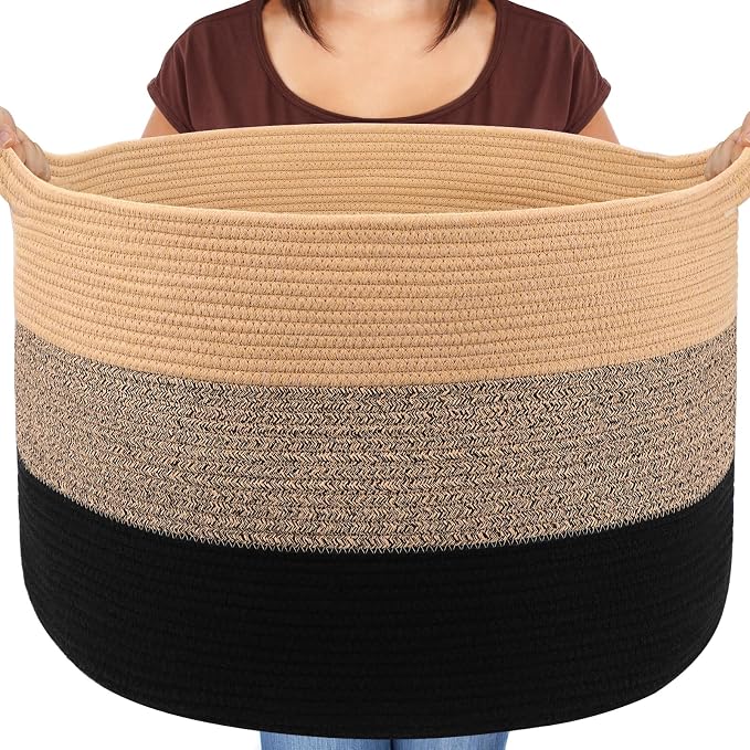 Maliton Woven Rope Blanket Basket Living Room, Storage Basket for Toy, 90L | 22"x14" Cotton Rope Basket. Holds Blankets, Toys & Towels & Laundry. For Bedroom, Nursery, Bath & Playroom. Soft & Durable