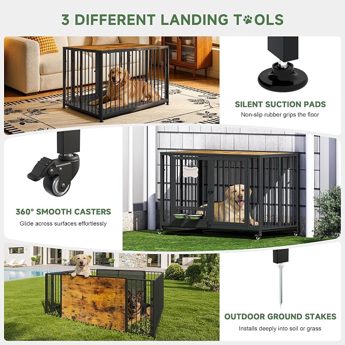 43.3" Heavy Duty Large Dog Crate with Wheels & Feeding Bowls, 3 in 1 Foldable Extra Large Dog Kennel & Playpen, Indestructible Escape Proof Metal Dog Cage for Large Dogs, Indoor Outdoor, Rustic Brown