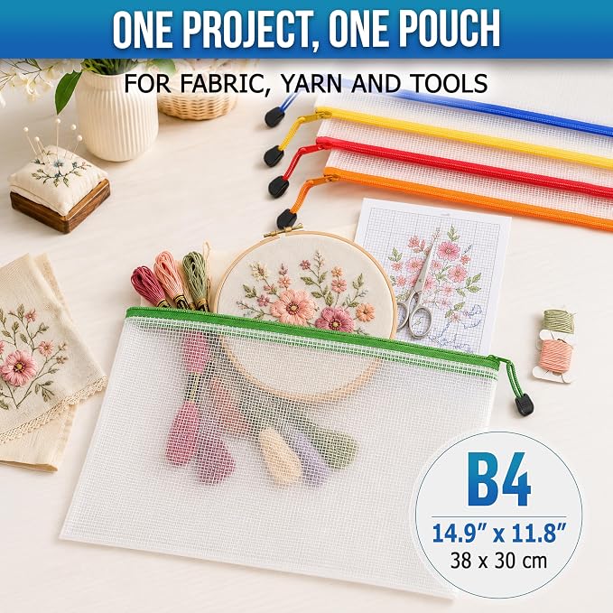 5 Pack Clear Project Bags with Zipper B4 (12x15in) - Craft Storage Bag for Needlepoint, Cross Stitch and Quilting - Heavy Duty Zip Project Bags for Organization 5 Colors: Red Yellow Green Blue Orange