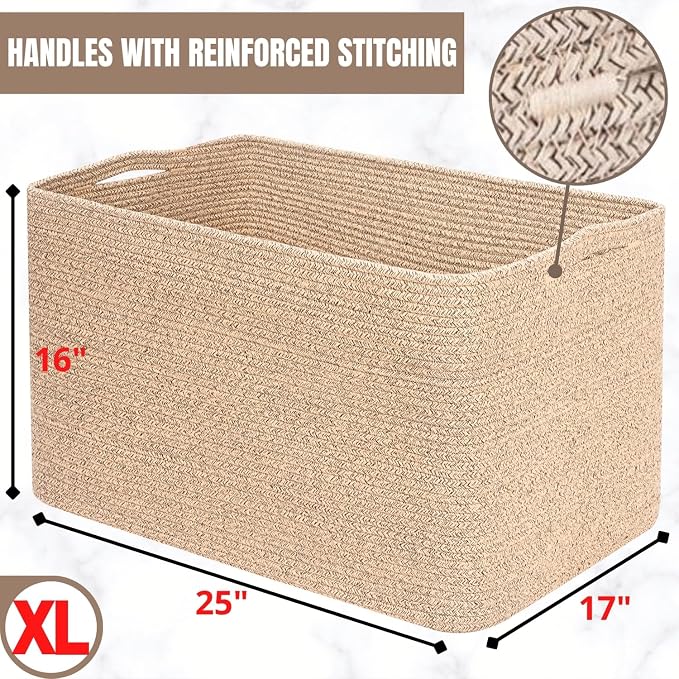 112L Extra Large Blanket Basket Holder Living Room, 25"x17"x16" Rectangle Rope Woven Storage Basket with Handles for Laundry, Towels, Shoes, Dog Toy Organizer Bin Box, Oatmeal Brown