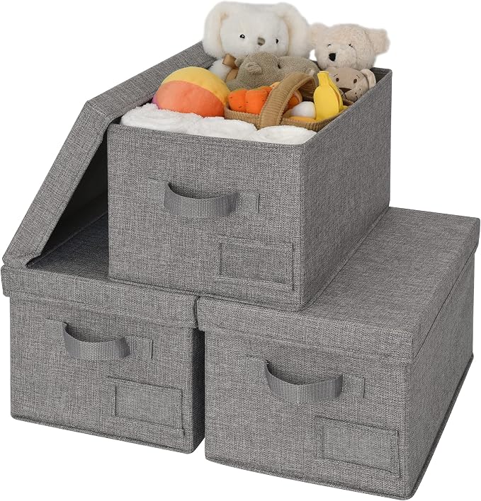 GRANNY SAYS Storage Bins with Lids, Decorative Storage Boxes with Lids | Storage Box with Dust Cover, Handles & Lable, Collapsible, Ideal for Closet Clothes Blanket Toys, Medium, Dark Gray, 3-Pack