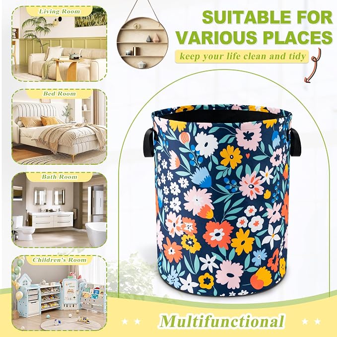 Folk Floral Art Laundry Basket Foldable Waterproof Hamper 18.9 x 16.5 Inch | Oxford Cloth With Reinforced Handles Lining Design Large-Capacity Storage For Bathrooms/Laundry Rooms/ Living Rooms/Bedrooms