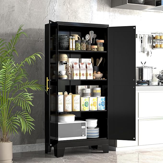 GAIOUS 61.02" Kitchen Pantry Cabinet, Black Metal Pantry Storage Cabinet | with 2 Doors and Adjustable Shelves, Food Storage for Kitchen, Living Room, Bedroom, Dining Room Sideboard Cupboard